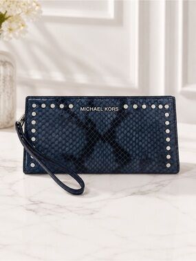 Michael Kors Blue Snake Print Leather Studded Wristlet Clutch Wallet